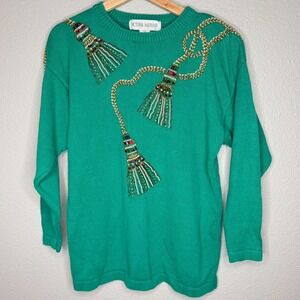 VTG Victoria Harbour Green Beaded Tassel Holiday Sweater Womens M Christmas Glam